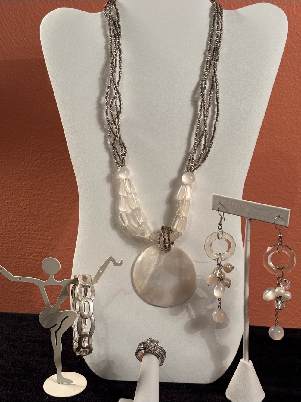Silver Tone Pearlescent Statement Jewelry Lot – Necklace Earrings Bracelet Ring
